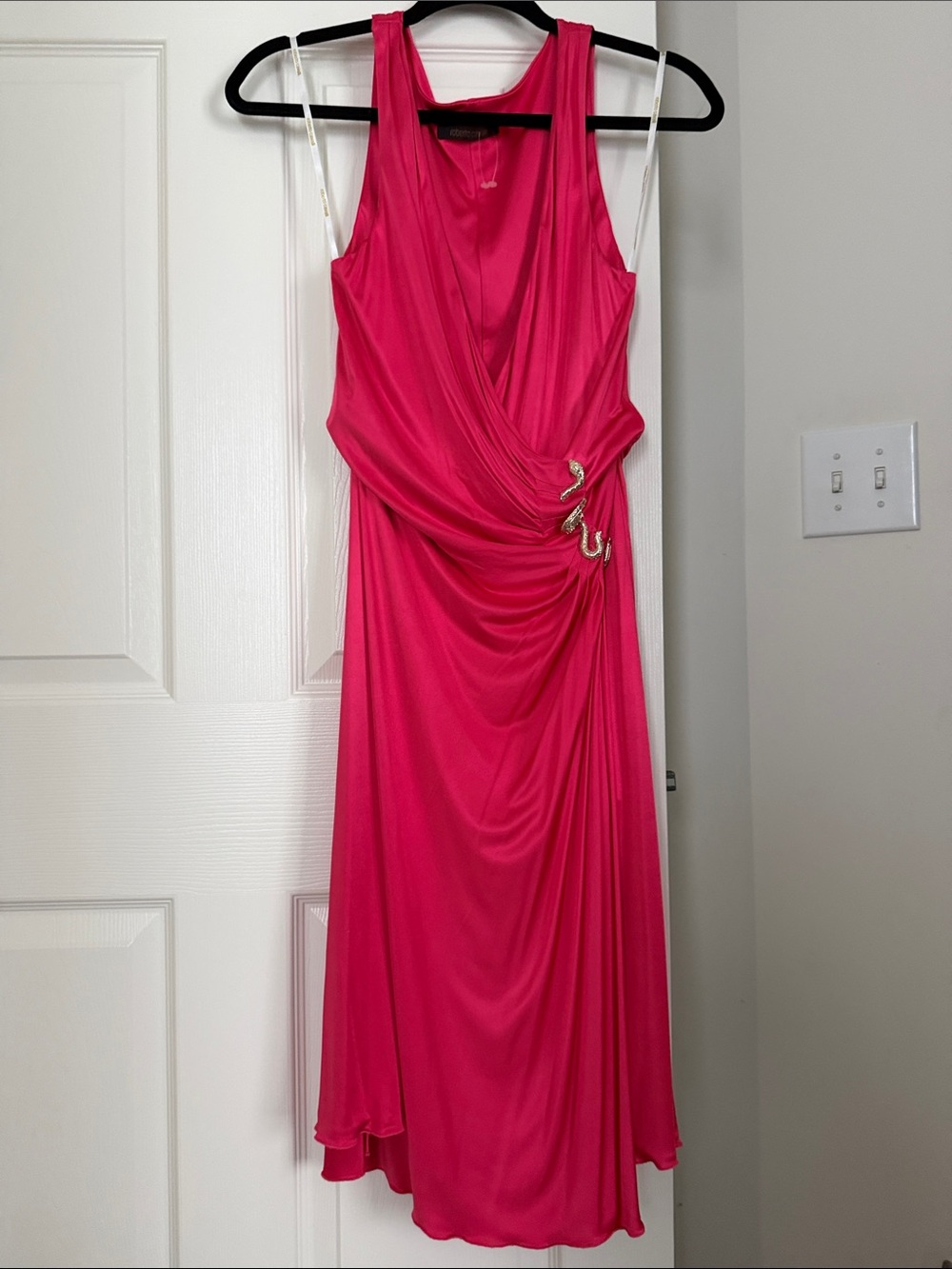 Roberto Cavalli Fuchsia Sleeveless Draped Midi Dress with Side Embellishment